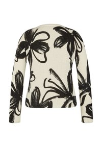 Strickpullover mit einem cremefarbenen Hintergrund und großen schwarzen Blumenmustern, langen Ärmeln und einem runden Halsausschnitt. Strukturiertes Gewebe.