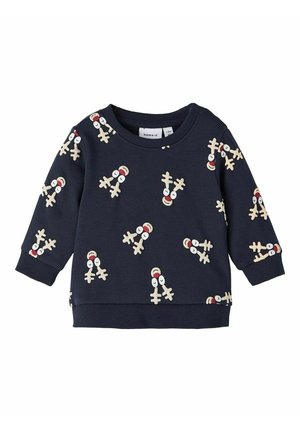 Sweat-shirt pour tout-petit bleu marine avec motifs de visages de rennes beige et rouge, avec poignets et ourlet côtelés.