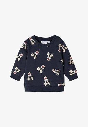 Sweat-shirt pour tout-petit bleu marine avec motifs de visages de rennes beige et rouge, avec poignets et ourlet côtelés.