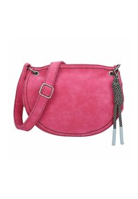 Bolso cruzado de ante rosa con forma redondeada, herrajes de plata y acentos trenzados en blanco y negro. Incluye correa ajustable.