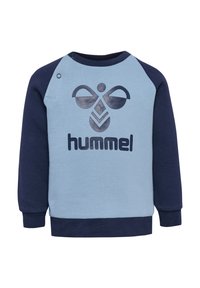 Jasnoniebieska bluzka z długim rękawem w granatowe raglanowe rękawy, z dużym czarnym logo i grafikami z przodu. Miękka tkanina, okrągły dekolt.