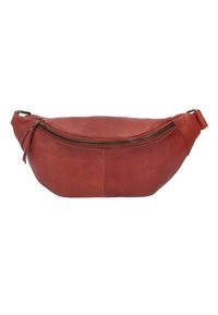 Marsupio in pelle rossa con una forma arrotondata, dotato di chiusura con zip, design elegante e cuciture minime per una texture liscia.