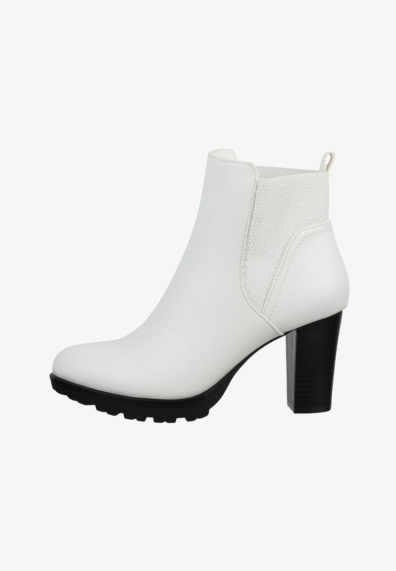 Weiße Leder-Ankle-Boots mit einer strukturierten Seitenpartie, runder Zehenpartie und einem klobigen schwarzen Absatz. Ausgestattet mit einer Zuglasche für einfaches An- und Ausziehen.