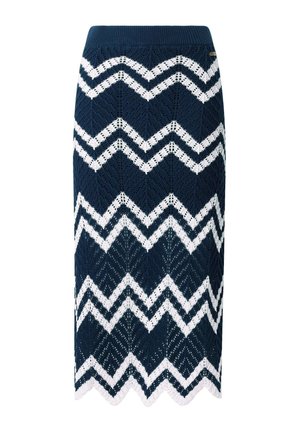 Gebreide midi-rok met een zigzagpatroon in marineblauw en wit. Voorzien van een ribbelband en een geschulpte zoom. Gemaakt van een gestructureerd materiaal.