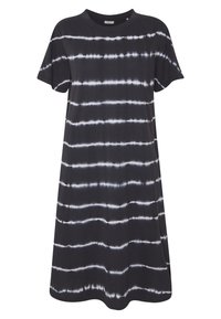 Black short-sleeve dress with white horizontal tie-dye stripes, relaxed fit, round neckline, and soft fabric texture.
