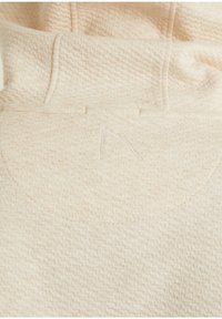 Tissu texturé couleur crème avec une lettre "A" cousue et des détails de couture froncée, probablement partie du panneau arrière d'un vêtement.