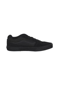 Sneaker nera con materiali in suede e mesh, design low-top, suola piatta in gomma e dettagli del logo laterale ben visibili.