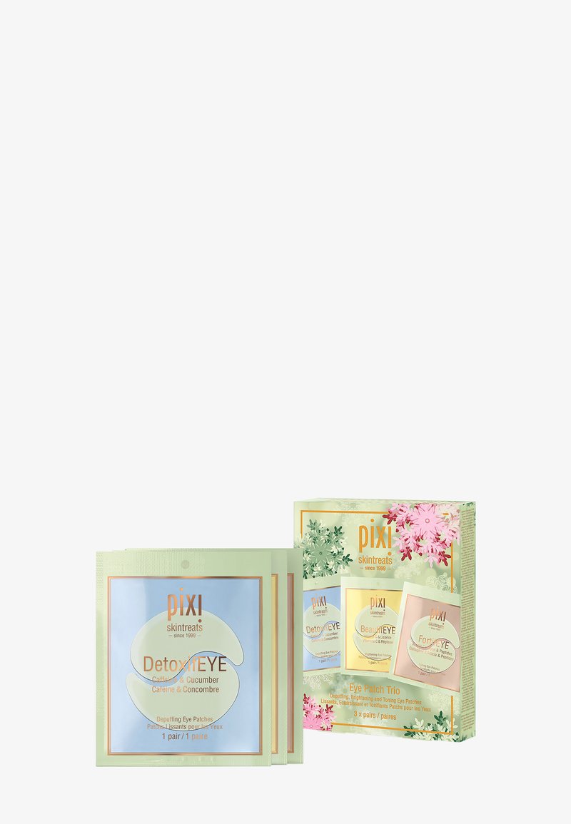 Pixi DetoxiEYE plaster i lysegrønn emballasje; trio-settet inkluderer plaster for å redusere hevelse, lysne og stramme opp huden, med blomstrete dekor.