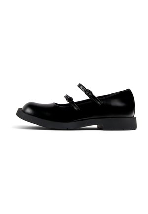 Chaussures Mary Jane en cuir noir avec deux brides réglables, un bout arrondi et un petit talon carré. Texture lisse et design minimaliste.