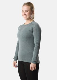 Maglietta a maniche lunghe in un morbido e tenue tessuto verde con scollo rotondo, vestibilità slim e cuciture a contrasto. Abbinata a leggings neri.