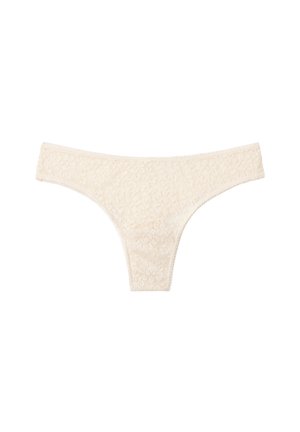 Spitzen-Tanga-Unterwäsche in einem hellbeigen Farbton. Besondere Merkmale sind florale Muster mit gewellten Rändern und einer glatten Textur.