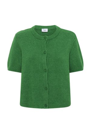 Grüne, kurzärmlige Strickjacke aus weichem Material, mit rundem Ausschnitt, Knopfverschluss und gerippten Akzenten an der Vorderseite.