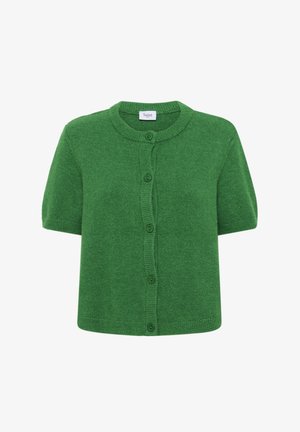 Roheline lühikeste varrukatega kardigan pehmest materjalist, ringkrae, nööbivarrustus ja soonikkoesed aksendid esiosas.