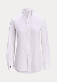 White long-sleeve button-up shirt with a button-down collar and embroidered logo on the left cuff.
