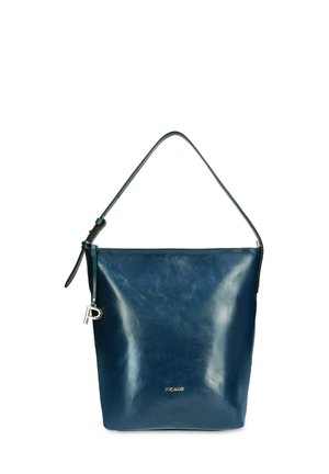 Dunkelblaue Lederhandtasche mit einem einzelnen Schulterriemen und silbernem Logodetail auf der Vorderseite.