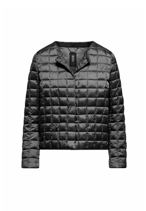 Czarna, pikowana lekka kurtka z długimi rękawami, kołnierzem na zatrzaski i zamkiem błyskawicznym z przodu ukrytym pod listwą.