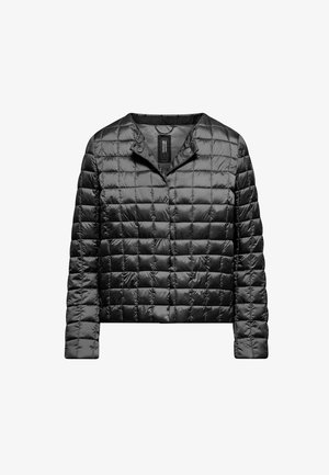 Schwarze, gesteppte, leichte Jacke mit langen Ärmeln, Druckknopfkragen und einem vorne unter der Blende verborgenen Reißverschluss.