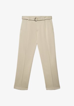 Beige tailored trousers with belt loops, front pockets, and a fabric belt featuring a silver D-ring buckle.