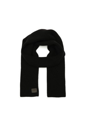 Sciarpa nera a maglia con una texture a coste, di forma rettangolare e con un piccolo etichetta logo su un'estremità.