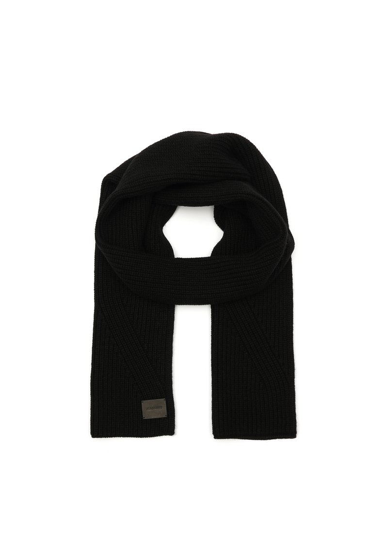 Sciarpa nera a maglia con una texture a coste, di forma rettangolare e con un piccolo etichetta logo su un'estremità.