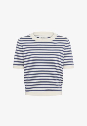 Rövid ujjú kötött felső vízszintes tengerészkék és fehér csíkokkal, fehér kerek nyakkivágással és szegéllyel.