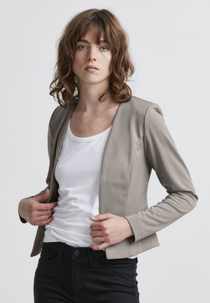 Beige getailleerde blazer met een ronde halslijn, lange mouwen en een soepele stof, gecombineerd met een witte top en zwarte broek. Minimalistisch ontwerp.