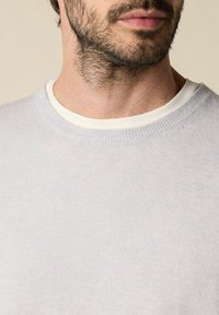 Světle šedý pletený svetr s kulatým výstřihem, který má kontrastní bílý vnitřní límec, hladkou texturu a žebrované detaily na výstřihu.