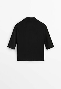 Schwarzes, geripptes Kurzarmhemd mit einem kragenförmigen Ausschnitt und einer lässigen Passform. Verfügt über einen strukturierten Stoff und ein sauberes, einfaches Design.