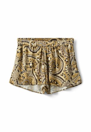 Pruuni ja beežika paisleimustriga lühikesed püksid, millel on elastne vöökoht, mõeldud vabaaja kandmiseks, valgel taustal eksponeeritud.