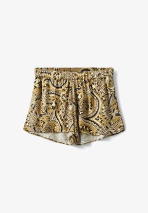 Pantalones cortos de patrón de cachemira en tonos marrón y beige con cintura elástica, diseñados para uso casual, exhibidos sobre un fondo blanco.