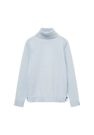 Pull à col roulé à manches longues bleu clair avec poignets, ourlet et col côtelés, présenté sur un fond blanc.