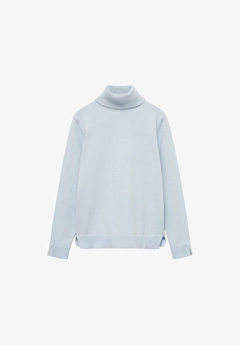 Pull à col roulé à manches longues bleu clair avec poignets, ourlet et col côtelés, présenté sur un fond blanc.