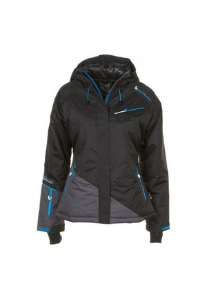 Veste isolée noire et grise avec capuche, présentant des accents bleus, des poches zippées et un design géométrique en blocs de couleur.