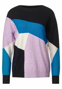 Pull-over multicolore avec des motifs géométriques noirs, bleus, lilas et crème. Texture en tricot, col rond et manches longues.