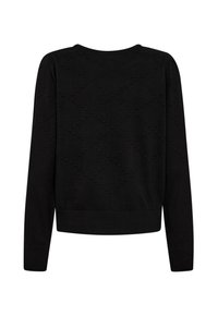 Zwarte trui met lange mouwen, voorzien van een gestructureerd ruitpatroon en een geribde onderrand en manchetten, weergegeven vanaf de achterkant op een witte achtergrond.