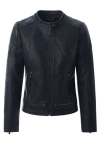 Giubbotto in pelle nera con zip frontale, colletto a scatto, tasche con zip e dettagli trapuntati sulle spalle e sull'orlo.