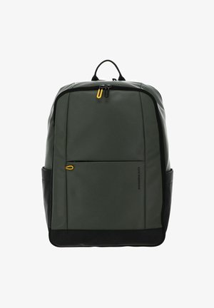 Sac à dos vert et noir avec une finition lisse et mate, doté d'une poche frontale, de deux tirettes de zip jaunes et d'une poignée de transport supérieure.
