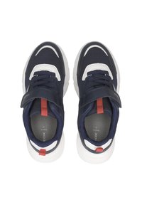Navy blue athletic shoes with mesh and synthetic upper, white accents, a hook-and-loop strap, and a cushioned white sole. Size 37.