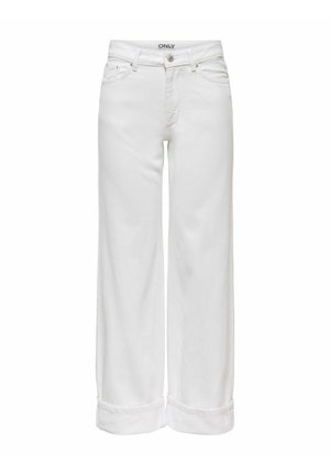 Balti plačios kelnės su atvartais apačioje, priekyje užsegamos mygtukais ir užtrauktuku, turi priekines ir galines kišenes.