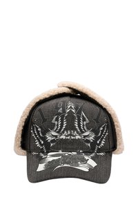 Black denim cap with a beige faux fur brim. Features graphic detailing with wings and numbers, and a logo embroidered on the front.