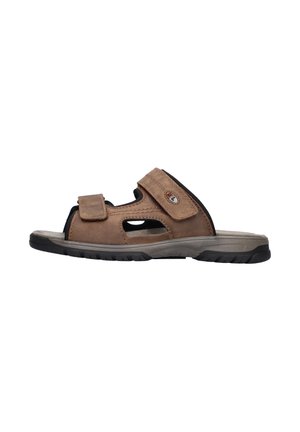 Braune Leder-Sandale mit offenem Zehenbereich, zwei verstellbaren Klettverschlüssen und schwarzer Gummisohle, entwickelt für den Freizeitgebrauch.