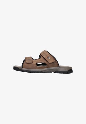 Braune Leder-Sandale mit offenem Zehenbereich, zwei verstellbaren Klettverschlüssen und schwarzer Gummisohle, entwickelt für den Freizeitgebrauch.
