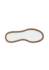 Suola delle scarpe Skechers, caratterizzata da un fondo in gomma bianca testurizzata e un bordo esterno marrone, con un motivo a diamante per garantire aderenza.
