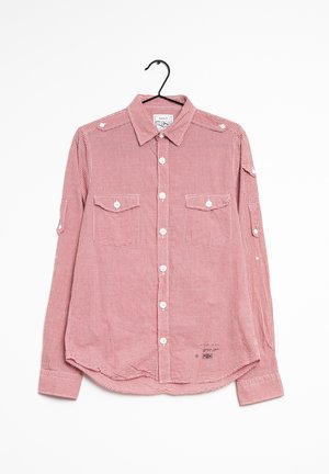 Camicia a maniche lunghe a quadretti rossi e bianchi con abbottonatura frontale, due tasche sul petto e maniche con risvolto, realizzata in tessuto leggero.