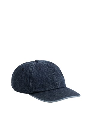 Mørkeblå denim baseballkasket med seks paneler og en bueformet skygge på hvid baggrund.