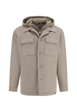 Veste en laine beige avec un bouton sur le devant, deux poches poitrine à rabat et une capuche rembourrée attachée avec fermeture éclair et cordon de serrage.