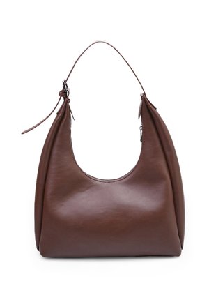 Brown leather hobo bag with a curved shape, shoulder strap, and smooth texture. Features a zip closure on one side.