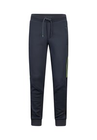 Dunkelblaue Sporthosen aus einem glatten, elastischen Stoff. Sie verfügen über einen Kordelzugbund, Seitentaschen und leuchtend gelbe Akzente an den Nähten.