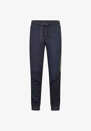 Donker marineblauwe sportieve broek gemaakt van een gladde, rekbare stof. Voorzien van een trekkoord in de taille, zijzakken en heldergele accenten op de naden.