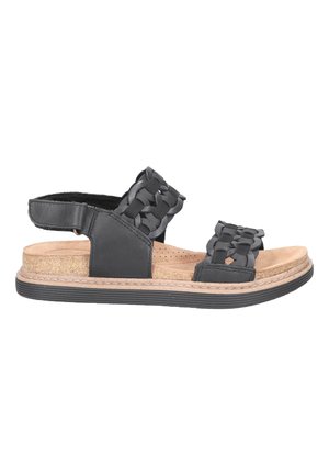 Sandalia de cuero trenzado negro con plantilla de corcho, correa ajustable, suela de goma y acentos de cuero beige. Diseño de punta abierta.